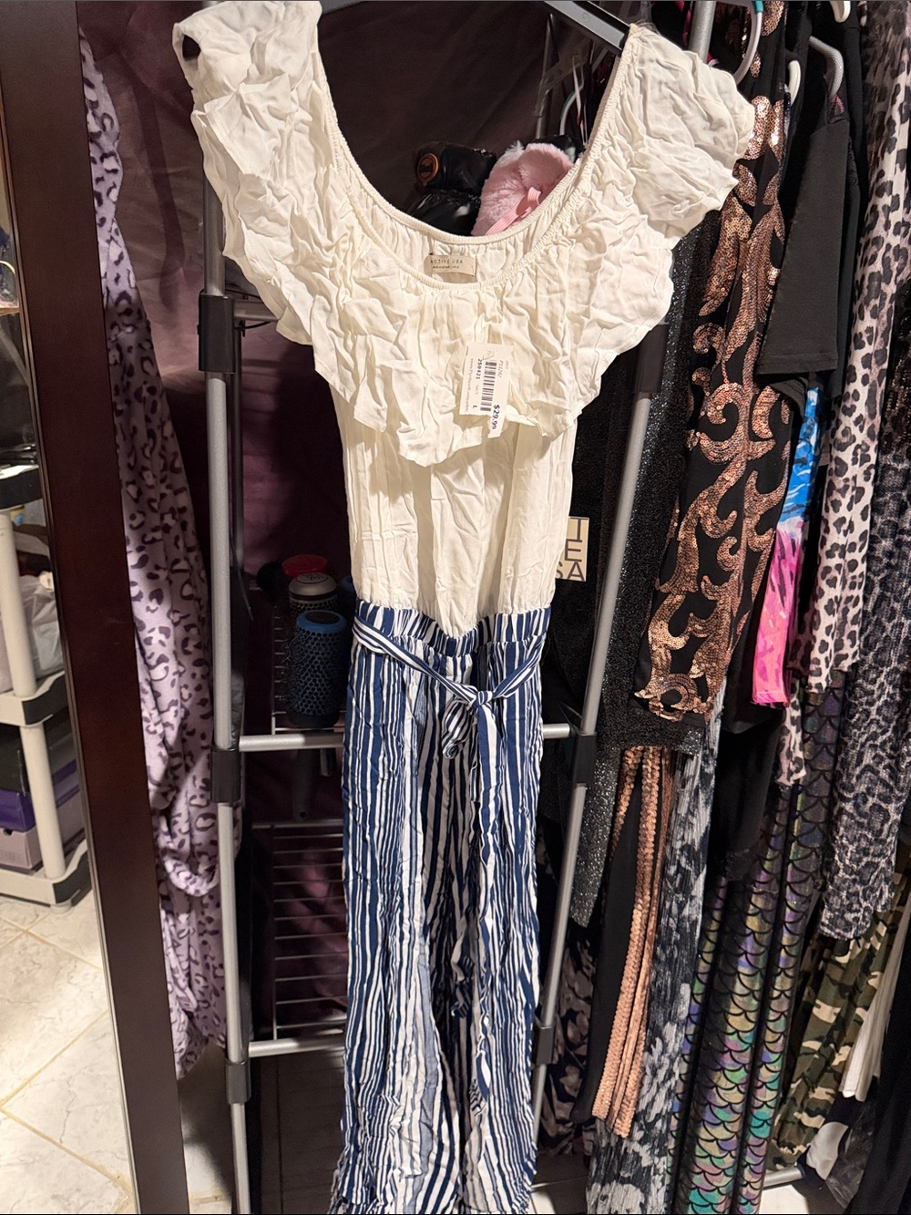 NWT Striped Blue & White Women’s Jumpsuit with Ruffle Neck